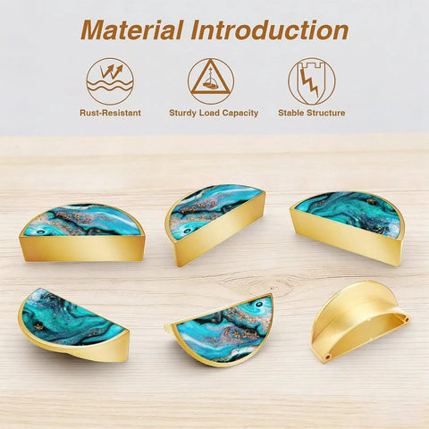 2 Pack Teal Fluid Art Cabinet Pulls With Gold Dust displayed in various angles on wood surface, showing semicircle gold edges