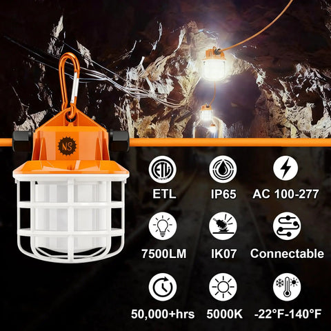 Industrial Grade 50Ft LED Construction String Lights Linkable IP65 Outdoor Work Lighting 5000K daylight in rocky tunnel