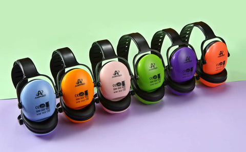 Colorful kid safe noise reduction ear muffs with plush cushions for toddlers, kids and teens, ANSI S3.19 certified.