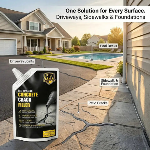 Rock Solid Self Leveling Concrete Crack Filler Two Pack Liquid Repair Sealant in use repairing driveway and patio cracks.