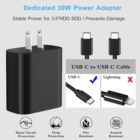 Plug And Play Dual Port USB A And Type C SATA HDD SSD To USB Adapter With 30W Power, UASP 5Gbps High Speed Transfer For Fast Data Recovery, Works With PC Laptop And Mac, Supports 2.5 And 3.5 Inch Drives, 1.6 Foot Cable, black power adapter with USB-C cable