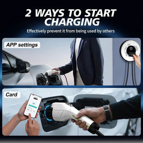 Level 2 Ev Charger 40 Amp 9.6Kw Wall Mount Home Charging Station J1772 Connector using app and card to start charging.