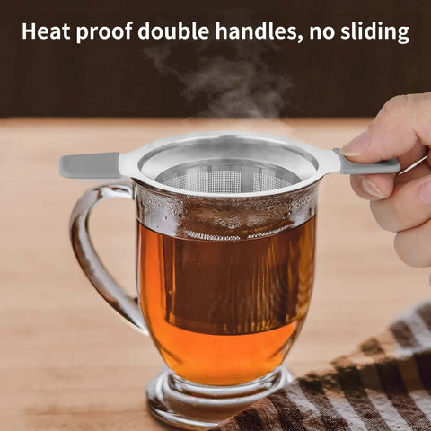 Stainless Steel Loose Leaf Tea Infuser With Extra Fine Mesh Ball Heat Proof Dual Handle Steeper in mug, large capacity strainer.