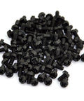 100 Count Black Nylon M3 X 6mm Metric Machine Screws Featuring Phillips Slotted Pan Head stacked together, made for tough fastener jobs.