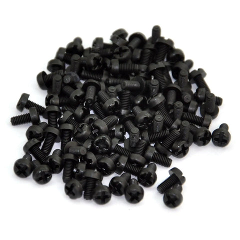 100 Count Black Nylon M3 X 6mm Metric Machine Screws Featuring Phillips Slotted Pan Head stacked together, made for tough fastener jobs.