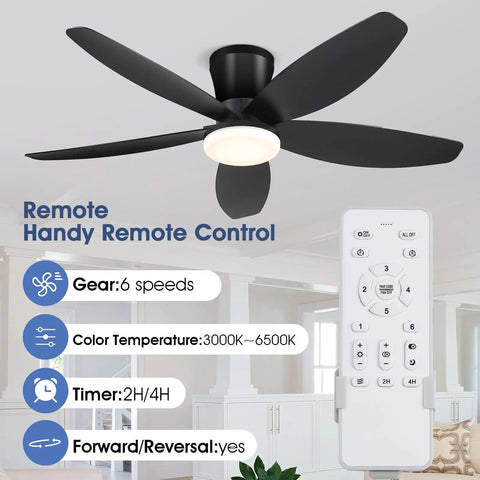 42 Inch Low Profile Ceiling Fan With Bright Dimmable Led Light Zero Hassle Remote Control Matte Black Flush Mount DC Motor with remote control