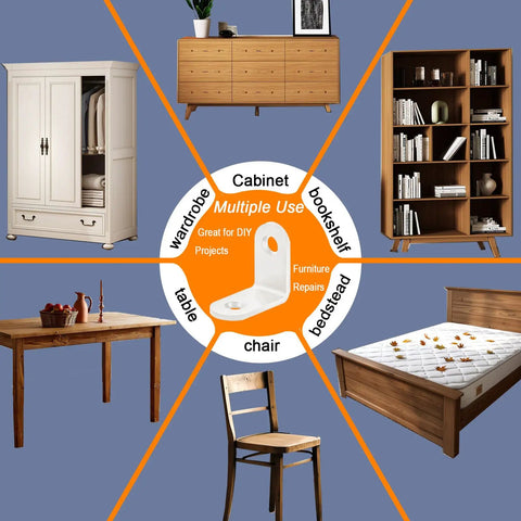 Image showcasing multiple furniture items like cabinet, table, and bookshelf with a white L bracket labeled for multiple use.
