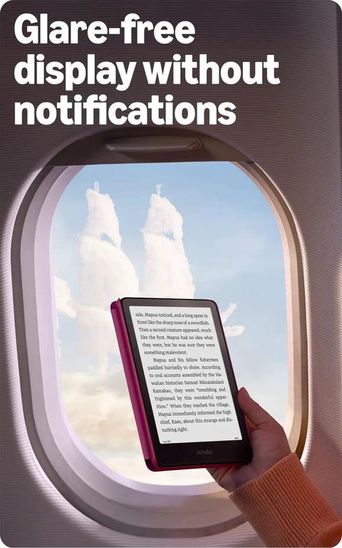 Next Level Kindle Paperwhite E Reader With 16 GB Storage Built Different For Marathon Reading Featuring A Crisp Seven Inch Glare Free Display With Buttery Smooth Page Turns And Insane Weekly Battery Life In Sleek Black, held near an airplane window.