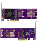 Kickstart Desktop Upgrade With This Dual Bay M.2 NVMe Enclosure Feature PCI Express 4.0 Riser Card showing top and bottom views.