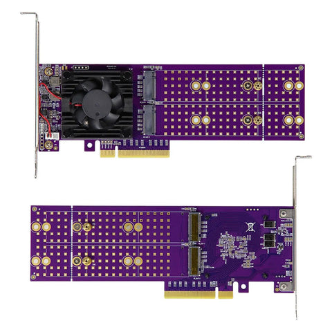 Kickstart Desktop Upgrade With This Dual Bay M.2 NVMe Enclosure Feature PCI Express 4.0 Riser Card showing top and bottom views.