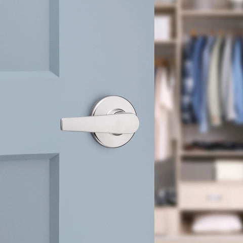 Inactive Dummy Door Handle With Single Sided Lever For Closets And Pantry, Satin Chrome Finish For French Double Doors, Non Turning Reversible Interior Push Pull Lever, DIY Friendly Install For Left Or Right Swing on blue door