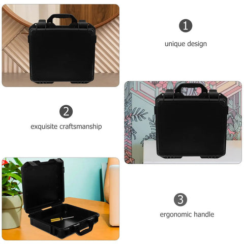 Hella Practical PP Plastic Toolbox With Secure Lock, Savage Electric Drill Carry Case And Nifty Small Parts Organizer For Wet Weather Jobs And Daily Grind, showing a unique black toolbox with ergonomic handle.