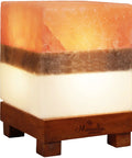 Dual Illumination Himalayan Salt Rock Lamp with Real Pink White and Grey Salt Block on wooden stand, lit up