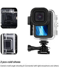 Front and side view of GoPro Hero 9 10 11 12 13 Waterproof Case, 196 Ft Depth Dive Housing with attachment, clear plastic material.