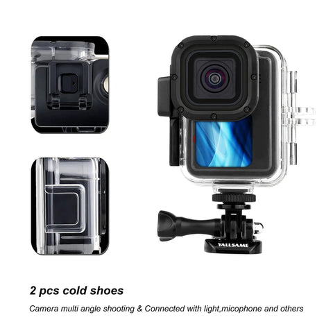 Front and side view of GoPro Hero 9 10 11 12 13 Waterproof Case, 196 Ft Depth Dive Housing with attachment, clear plastic material.