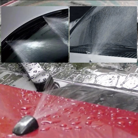 Beefy Universal Windshield Washer Hose Kit With Two Meter Fluid Line And Three Secure Fittings Plus Four Reliable Fan Nozzles And Thirty Hardcore Heat Insulation Clips For Zero Leak Automotive Repairs showing effective spray patterns on a wet windshield.