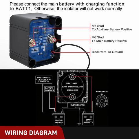 Wiring diagram for Heavy Duty Dual Battery Isolator Kit with labels for connections and components for easy installation.