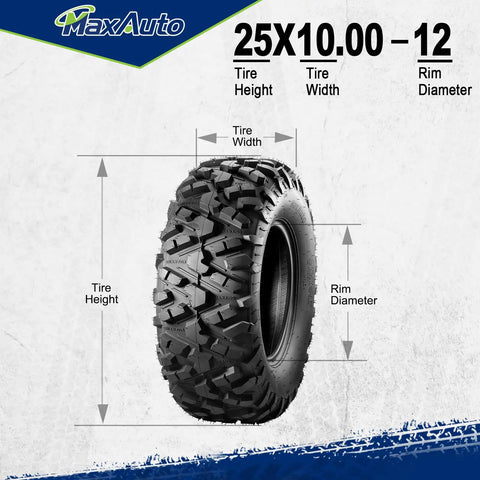Beefy All Terrain ATV UTV Tires 25x10x12 For Mud And Sand Off Road Trails Two Pack Tubeless 6PR With Rugged Grip diagram
