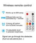 Remote control for Under Cabinet LED Strip Lights Kit with timing, brightness adjustment, and obstacle penetration features.