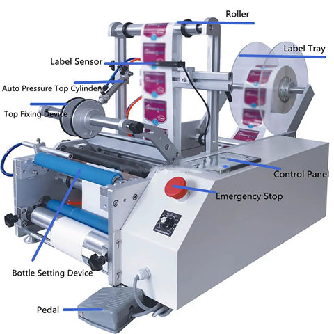 Close-up of Semi Automatic Round Bottle Labeling Machine With Dual Side Option And Simple Foot Switch for no sweat daily packing jobs.