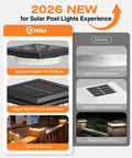 2026 new solar post cap lights, upgraded 12 LEDs, high-efficiency solar panel, fits 4x4 wood or vinyl posts, warm white glow.