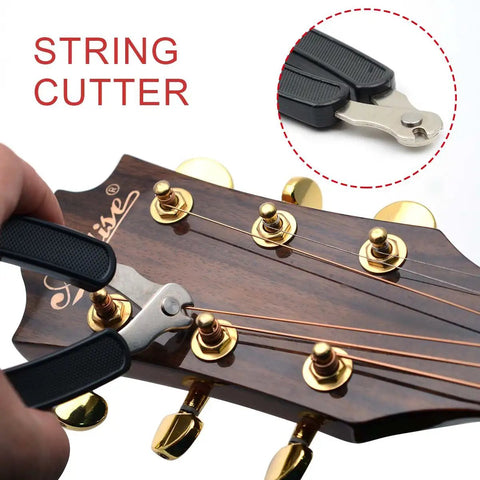 Saphue 3 In 1 Multifunction Guitar String Winder Cutter Pin Puller For Bass And Banjo, showing string cutter in use on guitar headstock.