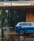 Level 1 And Level 2 Portable Ev Charger in the rain with IP65 waterproof rating, connected to a blue electric car.