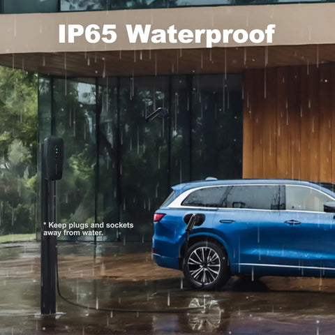 Level 1 And Level 2 Portable Ev Charger in the rain with IP65 waterproof rating, connected to a blue electric car.