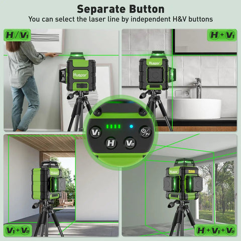 Green Laser Level 360 Self Leveling With Rechargeable Battery 3x360 Degree Cross Line And 3D Layout Tool shown in home and bathroom
