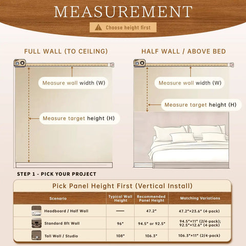Measurement guide for 4 Pack Sleek Wood Slat Wall Panels For Modern Living Space Upgrade Featuring 3D Fluted Acoustic Soundproofing In Gorgeous Walnut Tones.