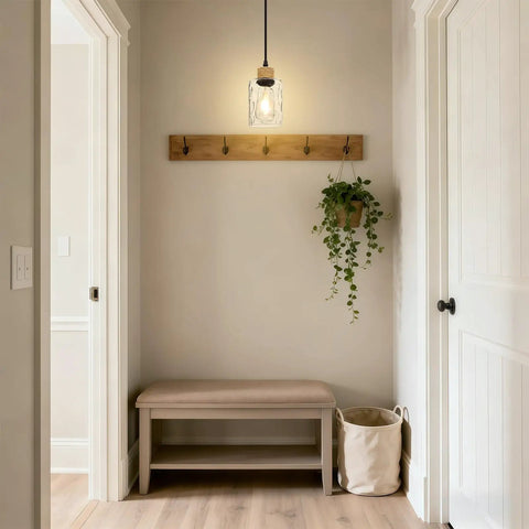 Matte Black Bathroom Pendant Light Fixture with Clear Glass Shade hung in an entryway above a bench and plant