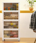 Four Tier Stackable Plastic Storage Bins With Lids And Wheels Folding Storage Boxes 92 Qt Total Capacity, filled with supplies