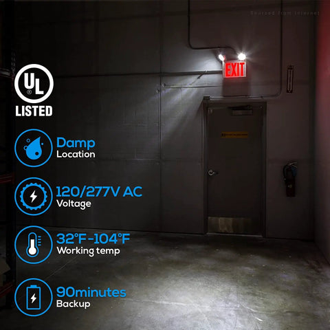 LED Exit Sign With Battery Backup And Emergency Lights, Dual Face, Red Letter, UL Listed, AC 120 277V, Wall Mounted in Damp Area