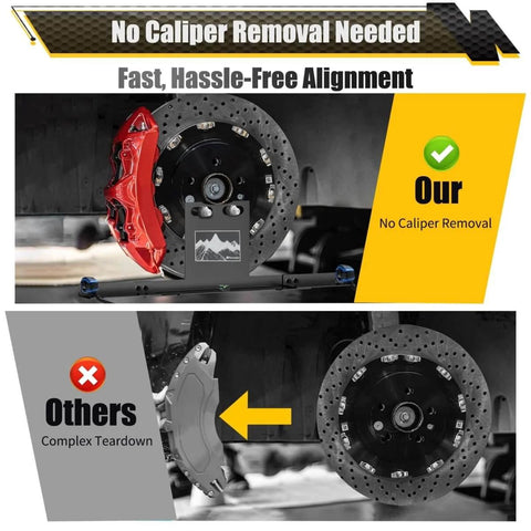 Wheel Alignment Tool With Imperial Tape Measure And Heavy Duty Toe Alignment Plates No Caliper Removal Needed shown installed