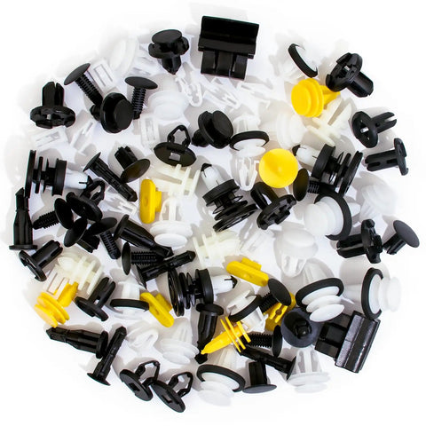 Assortment of Tesla 70 Pcs Clips Fasteners Rivet Clips Kit For Bumper Fender Liner Interior Exterior Body Replacement displayed.