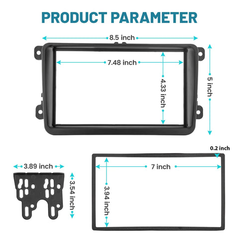 Dimensions of Double DIN VW Dash Kit With Wiring Harness For 2005 To 2015 Jetta Beetle CC Golf Passat Tiguan Aftermarket Stereo Kit.