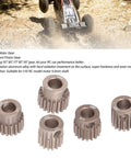 Five different pinion motor gears for RC cars, 7075 aluminum, sizes 15T to 19T, shown with a blurred background of an RC car.