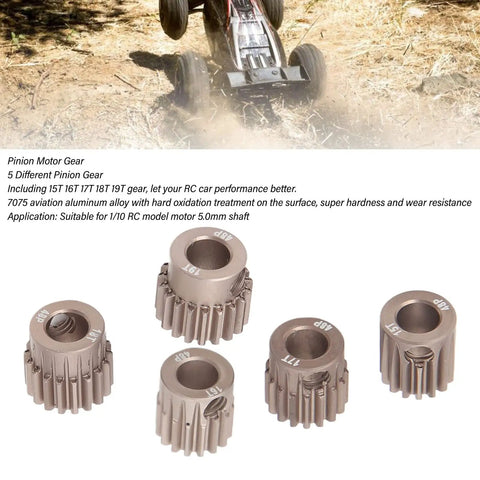 Five different pinion motor gears for RC cars, 7075 aluminum, sizes 15T to 19T, shown with a blurred background of an RC car.