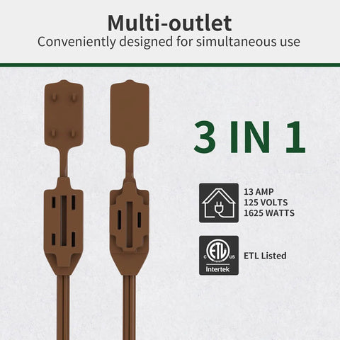 Brown Three Outlet Indoor Extension Cord With 6, 9, And 12 Foot Lengths, 16 Gauge Copper Wire, ETL Listed, front view with specs.