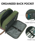 Open green toiletry bag showing organized back pocket with two mesh zipper pockets and elastic loops.