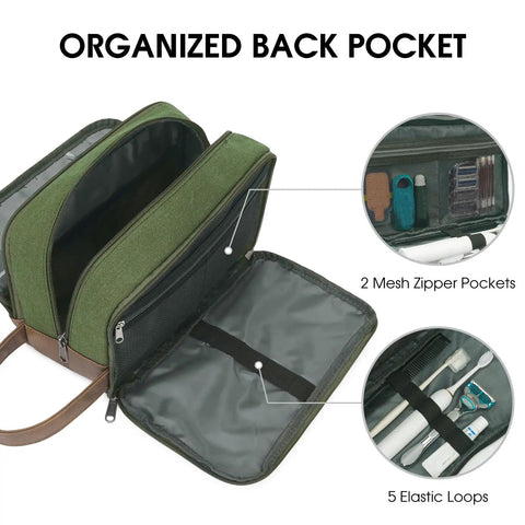 Open green toiletry bag showing organized back pocket with two mesh zipper pockets and elastic loops.