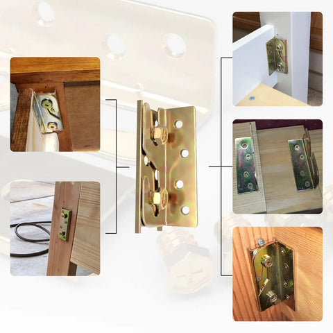 Beefy Bed Rail Brackets 4-Piece Set Universal Wood Bed Frame Hardware Galvanized Steel Reinforcement Kit showing various installation angles.