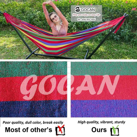 Extra Large Double Hammock For Two With 330cm Total Length And 500lb Capacity Canvas Cotton Super Comfy Outdoor Living For Patio Porch Garden Outdoor Indoor Rainbow XXL showcasing vibrant design and sturdy frame.