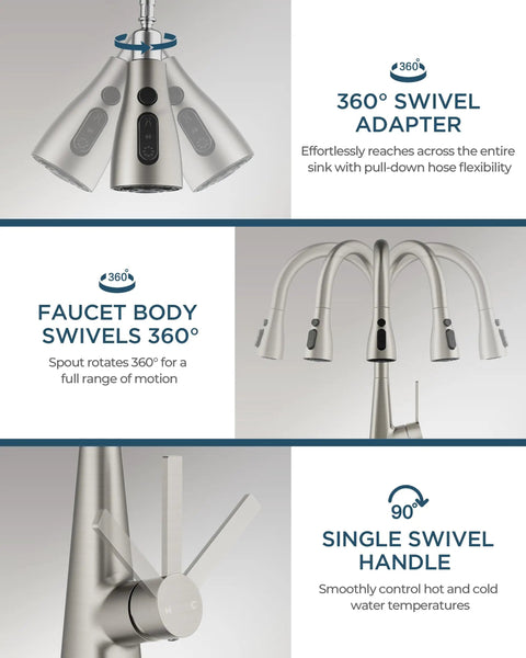 Slick High Arc Kitchen Faucet With Pull Down Sprayer In Brushed Nickel Finish showcasing 360° swivel adapter and single handle control.
