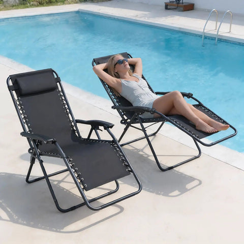 Zero Gravity Outdoor Lounge Chairs Set of 2 With Cup Holders and Removable Pillows by pool