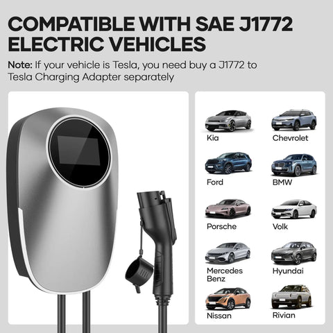Level 2 Home EV Charger With 32 Amp 240V Power NEMA 14 50 Plug 17 Foot Cable J1772 Compatible with various EVs shown