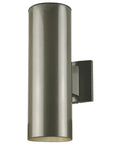 Two Light Outdoor Wall Light With Polished Graphite Finish On Steel Cylinder Weather Resistant Fixture For Homes Measures Fifteen Inches High And Five Inches Wide Extends Eight And Quarter Inches Uses Two Medium Base Bulbs Up To Seventy Five Watts