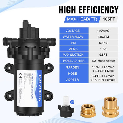 33-Series 110V AC Water Diaphragm Pump With 4.0 GPM At 50 PSI, RV Fresh Water On Demand Pump, Garden Hose Adapters included