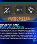 Hiatsu VMH-75 digital vacuum gauge with aluminum case, front view showing ON/OFF, UNITS, knob