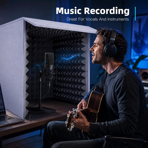 28 Inch Foldable Portable Vocal Recording Booth Featuring High Density Acoustic Foam Panels For quick no sweat setup and radio ready sound blocking for singers and podcasters anywhere.